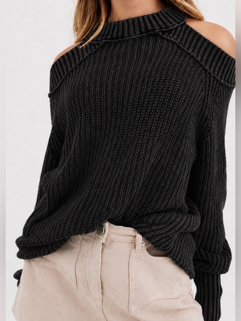 Free People Half Moon Bay black cold shoulder sweater, XS